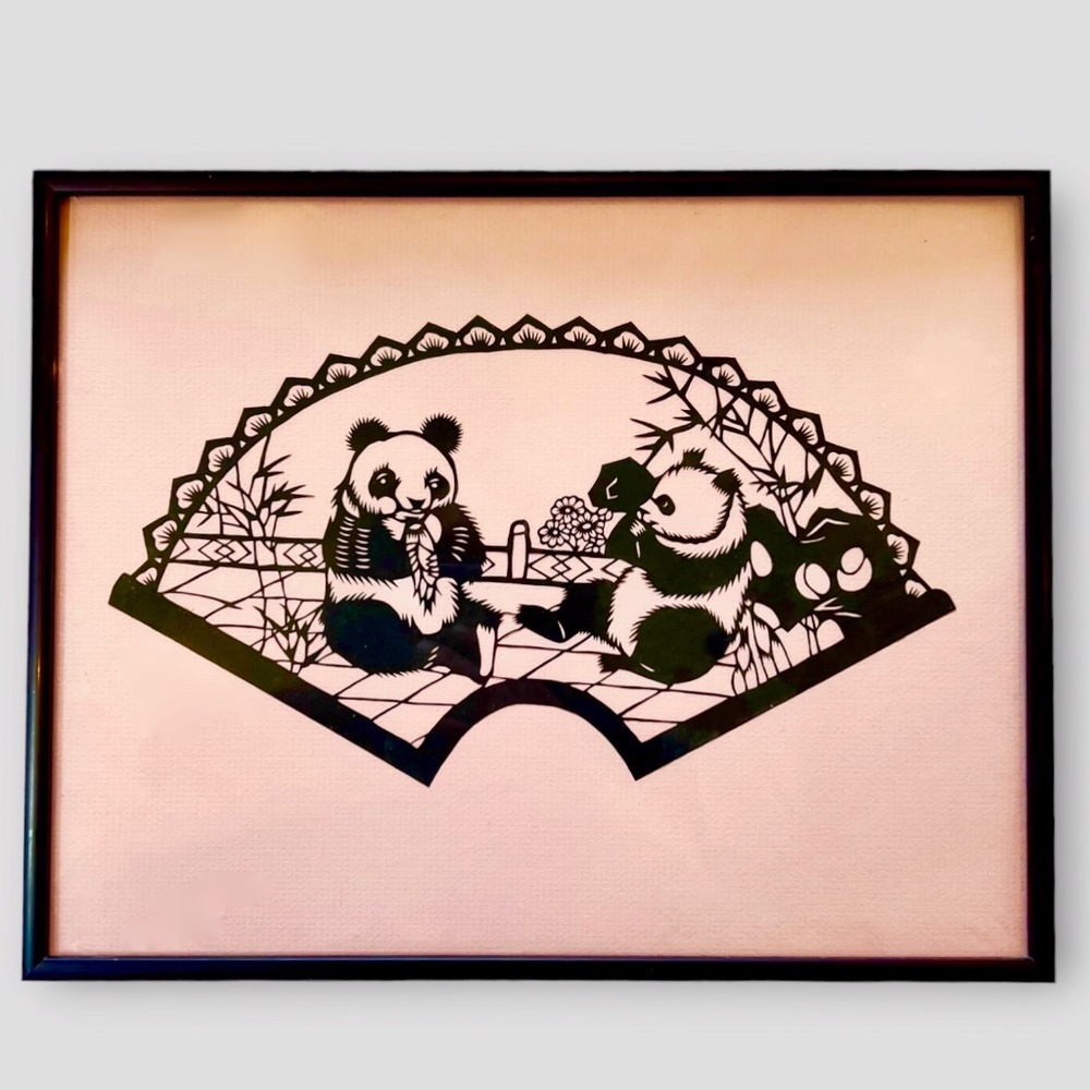 Vintage Panda Bear Paper Cut Hand Crafted Framed Picture Pink Background